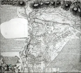 Plan van de Slag bij Minden, getekend door kapitein William Roy en gegraveerd door Thomas Major, 1760